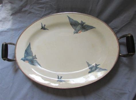 Vintage Blue Bird China Pottery Serving Tray Platter Handle Warming