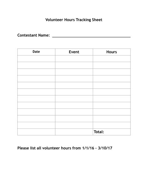 Volunteer Hours Tracking Sheet Small Table Download Printable Pdf