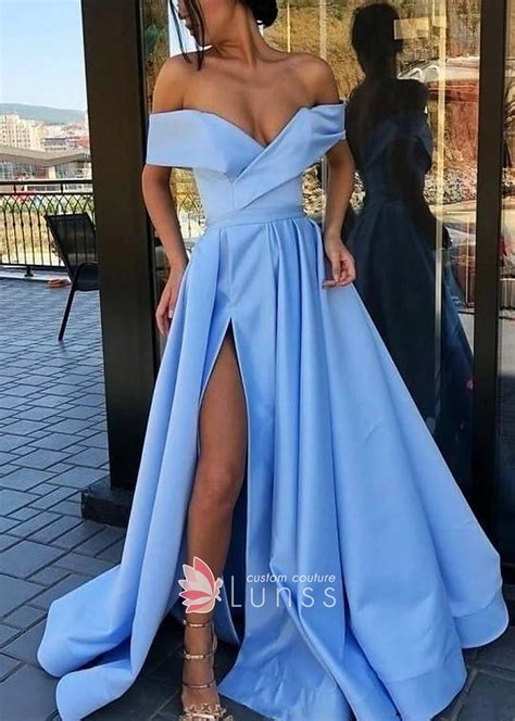 Sexy Off The Shoulder Sky Blue Satin High Slit Prom Dress Lunss