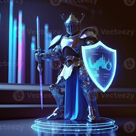 A Cyborg Holding A Futuristic Sword With Shield Digital Hologram