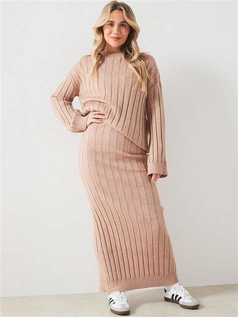 V By Very X Hattie Bourn Ribbed Knit Jumper Co Ord Beige Uk