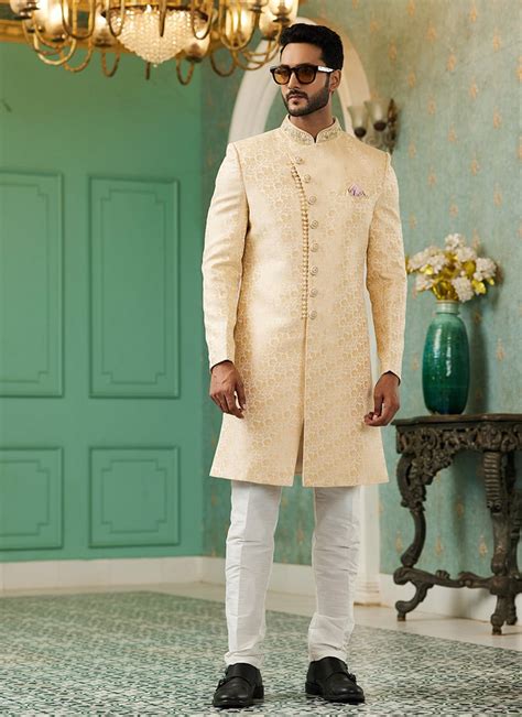 Shop Gold Art Silk Jacquard Indowestern Sherwani Wedding Wear Online At