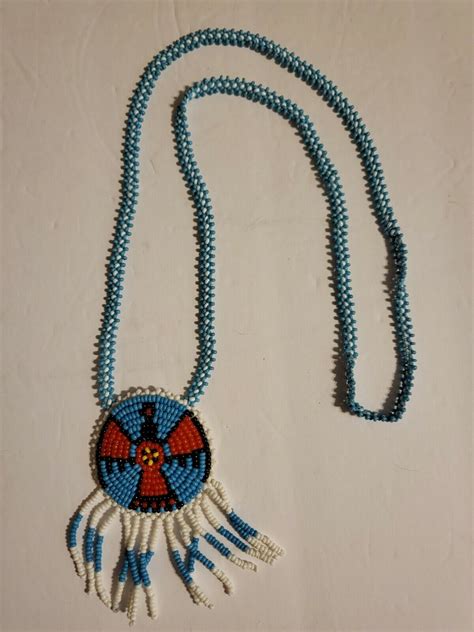 Native American Seed Bead Beaded Necklace Medallion V Gem