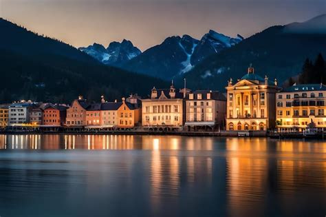 Una Ciudad De Noche Con Un Lago Y Monta As Al Fondo Foto Premium