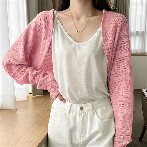 Pointelle Ribbed Knit Open Front Crop Cardigan Top 6A0230