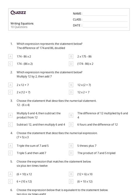 50 Writing Equations Worksheets On Quizizz Free And Printable