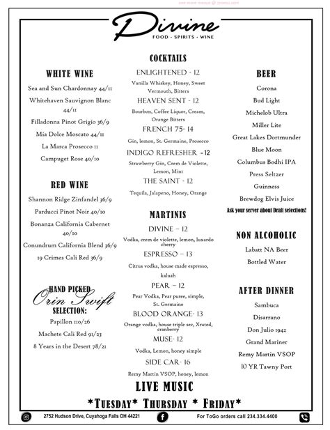 Menu at Divine Restaurant, Cuyahoga Falls