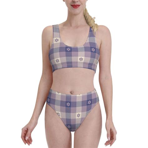 Lukts Women High Waisted Bikini Set Purple Floral Gingham Check Plaid