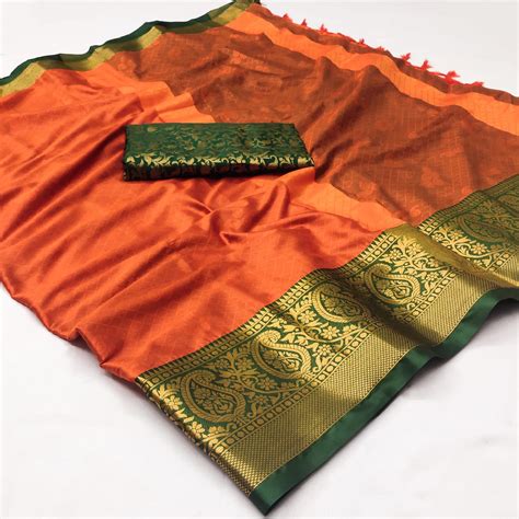 Orange Woven Cotton Silk Saree With Tassels