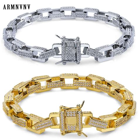 ARMNVNV 12MM Men Zircon Curb Cuban Link Bracelet Hip Hop Jewelry Gold