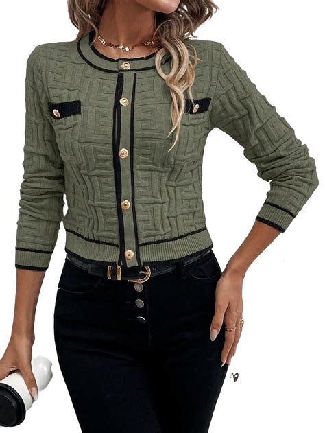 Casual Plain Round Neck Long Sleeve Olive Green Women Cardigans Women S