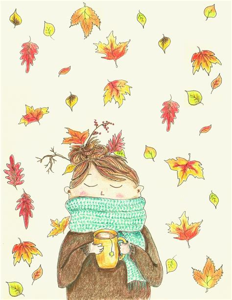 Cozy Fall Art Girl With Scarf Autumn Illustration Tea And Etsy