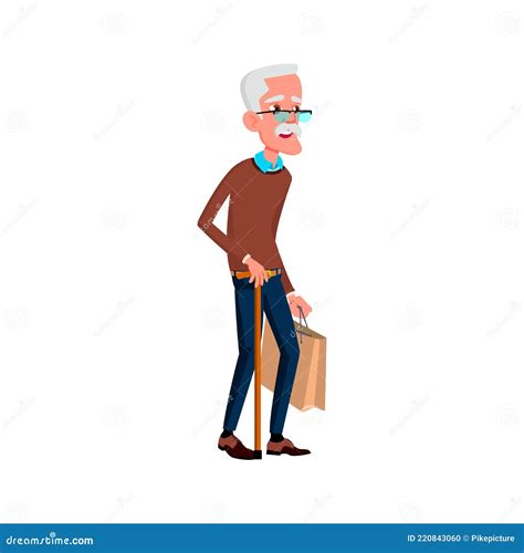 Old Man Walking With Stick In Mall Cartoon Vector Stock Vector