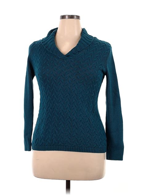 Coldwater Creek Chevron Herringbone Color Block Teal Turtleneck Sweater