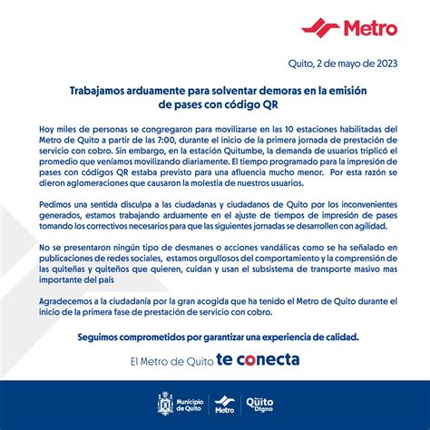 Metro De Quito On Twitter Comunicado El Metro De Quito A La