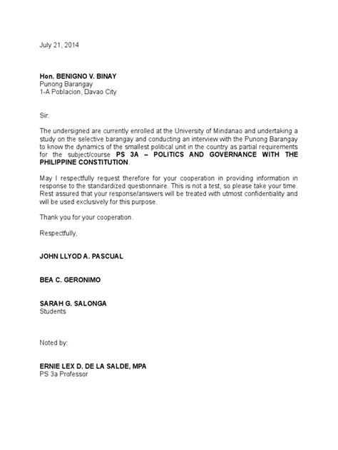 Letter Of Permission To The Barangay Captain Pdf