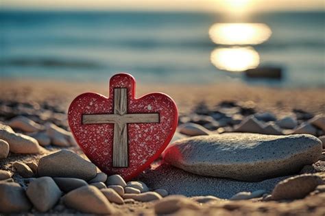 Un corazón de madera en rojo con el mar de fondo y una cruz cristiana