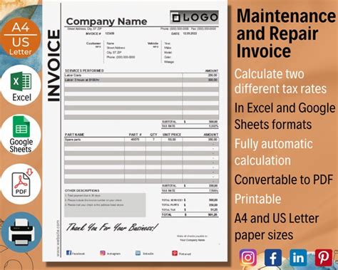 Maintenance and Repair Invoice Template Excel Google Sheets - Etsy