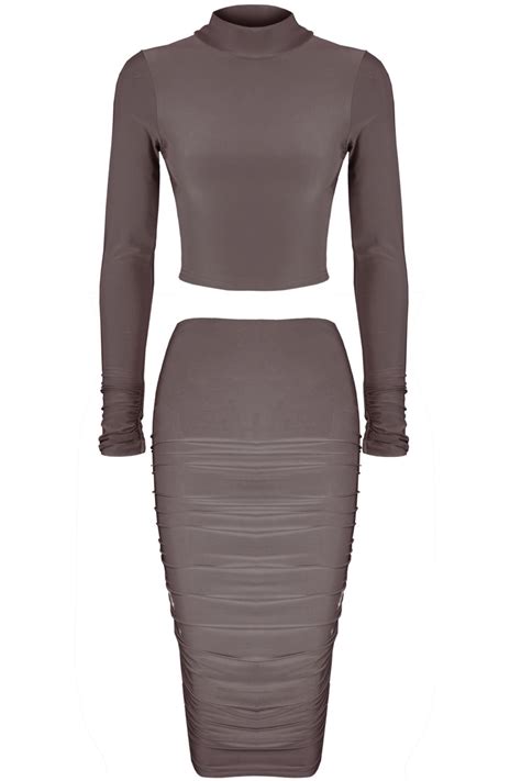 Womens Long Sleeve Ladies Bodycon Crop Top Pencil Midi Skirt Co Ord Set