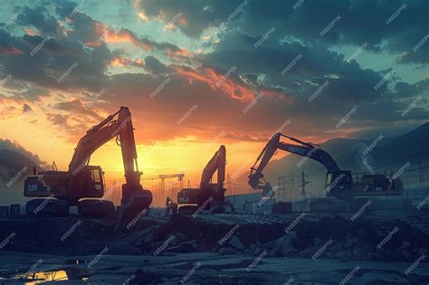 Premium Photo Four Excavators Work On Construction Site At Sunset