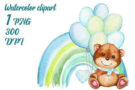 Teddy Bear Blue Balloons Rainbow Png Graphic By Lia Lait G