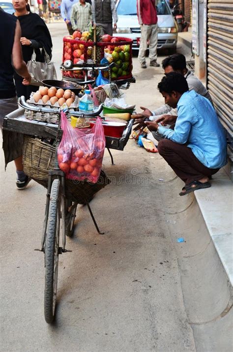 Nepali Man Vendor Push Bicycle Cart Hawker On Road Sale Variety Fruits