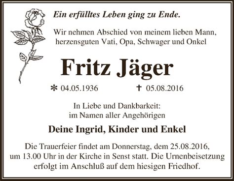 Traueranzeigen von Fritz Jäger abschied nehmen de