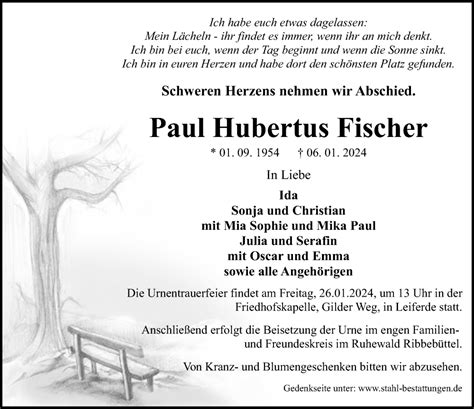 Traueranzeigen Von Paul Hubertus Fischer Trauer Anzeigen De