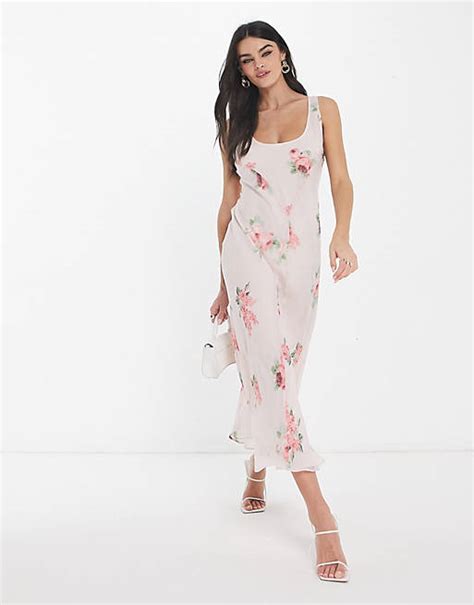 Asos Design Scoop Neck Midi Slip Dress In Pink Floral Chiffon Print Asos