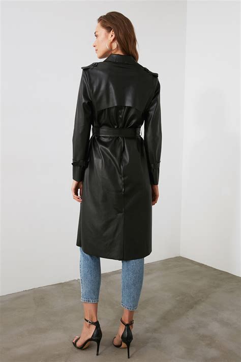 Black Belted Faux Leather Trench Coat Etsy