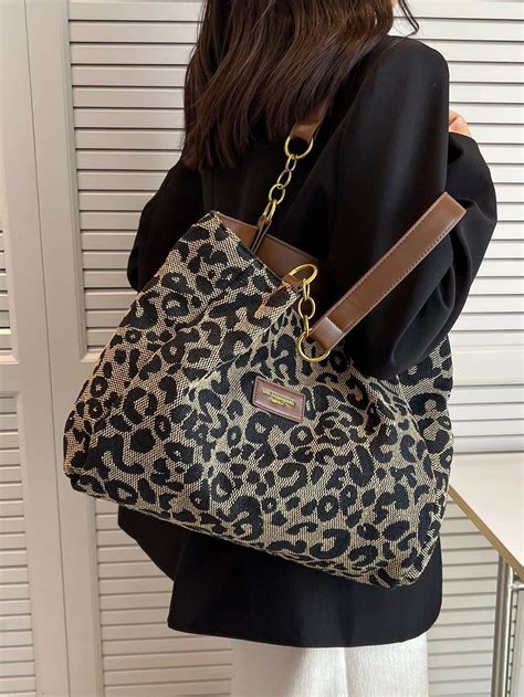 Bolsa De Ombro Padr O Leopardo Remendo Letras En Estampado De