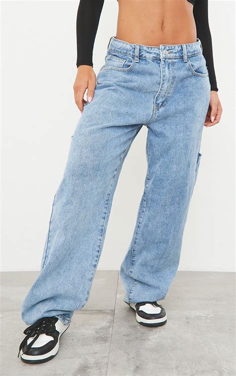 Light Blue Wash Thigh Split Baggy Boyfriend Jeans