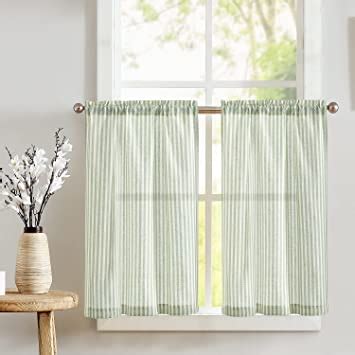 TOPICK Green Striped Small Curtains 36 Inch Drop Linen Kitchen Curtains