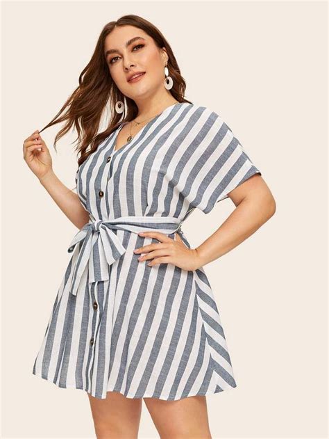 SHEIN Plus Button Front Self Belt Striped Dress Mesh Sleeved Dress