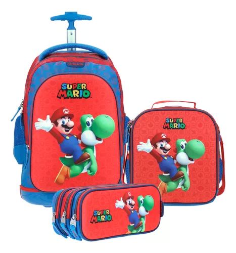 Kit Mochila Con Ruedas Lonchera Lapicera Mario Bros Chenson Env O Gratis