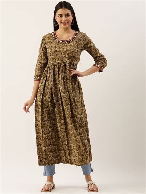 Buy Saanjh Women Olive Green And Beige Ethnic Motifs Printed Mirror Work