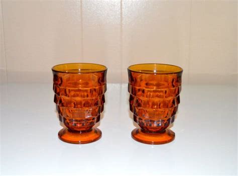 Amber Indiana Glass Footed Juice Glasses Vintage Amber Juice Glass White Hall Pattern Juice