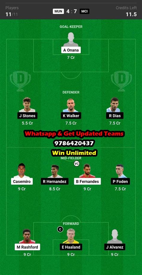 MUN Vs MCI Dream11 Team Fantasy Prediction Premier League