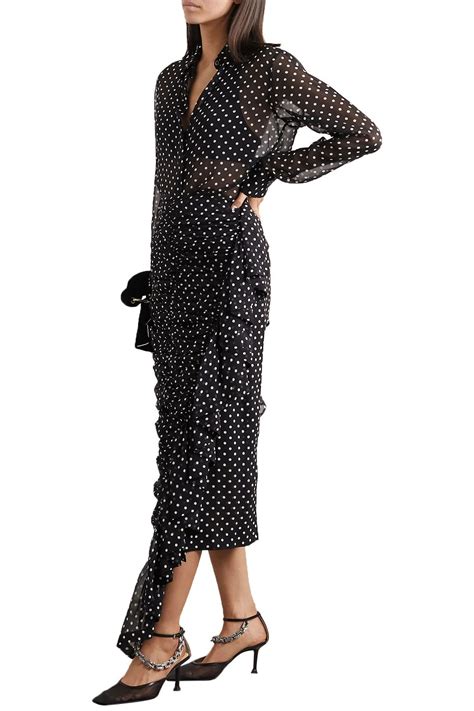 Dries Van Noten Asymmetric Ruched Polka Dot Silk Georgette Midi Skirt