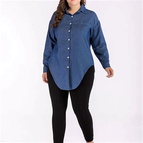 Plus Size Women S Denim Shirt Long Top Autumn New Casual Button Long Sleeved Asymmetrical Loose