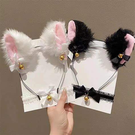 Sexy Cat Ears Headband For Women Girls Lace Bow Necklace Plush Bell Hairband Cosplay Masquerade