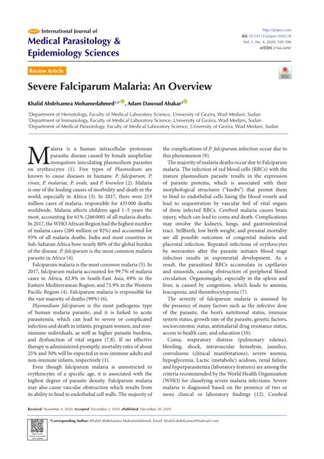 Pdf Severe Falciparum Malaria An Overview