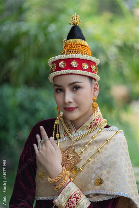 Beautiful Laos Girl Dressed In Ancient Luxury National Traditional Laos