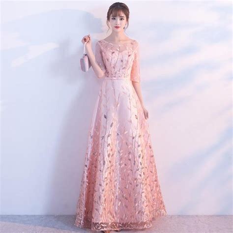 Elegant Pinkgreychampagnewine Red Banquet Evening Dress Mid Sleeve Round Neck Sequin