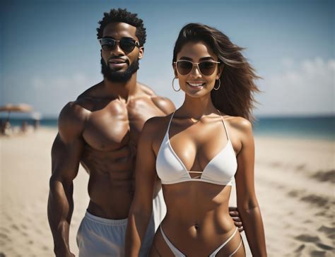 Pareja Fitness Con Bikini Y Gafas De Sol Tomando El Sol Foto Premium