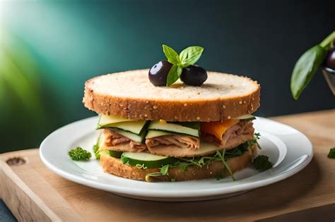 Un sándwich con una hoja verde encima Foto Premium