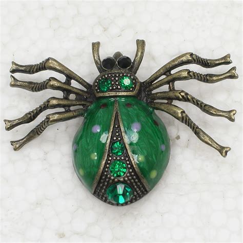 Antique Bronze Rhinestone Enamel Brooch Beetles Pin Brooches C M