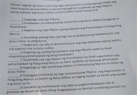 Panuto Sagutin Ng Tama O Mali Ang Mga Sumudunod Na Pangungusap Tama