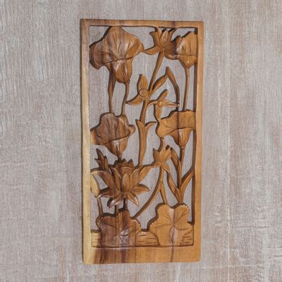 Lily And Lotus Hand Carved Suar Wood Wall Panel From Bali Lily Window