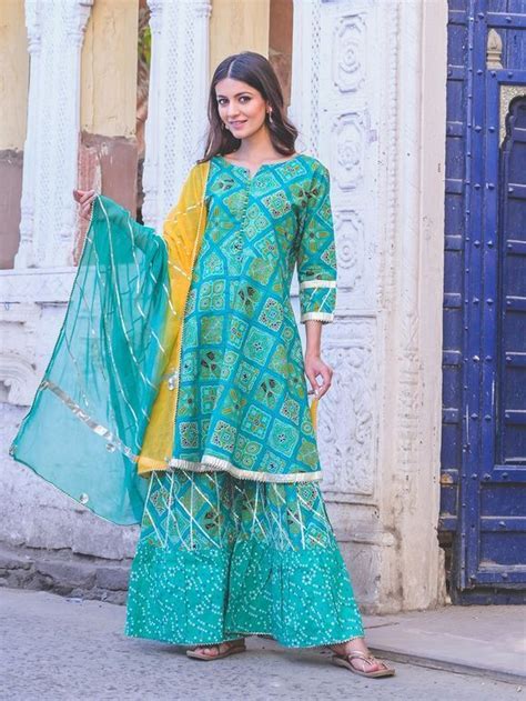 Buy Green Printed Cotton Gota Patti Work Anarkali Suit With Chiffon